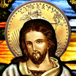 Stained glass image of Christ, superiposed on golden dollar as a halo